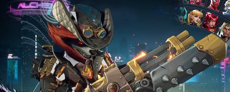 《漫威争锋》中火箭浣熊在战场上腾空跃起，手持双枪进行火力压制，技能特效展现其突进与滞空能力