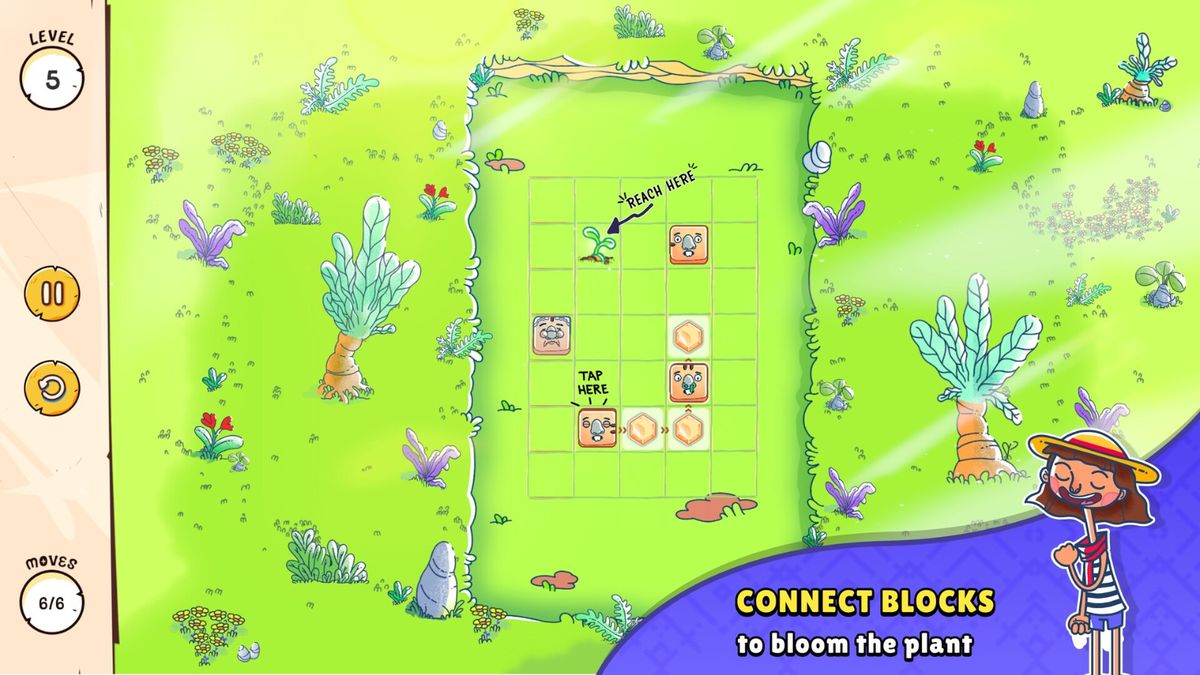 游戏内森林关卡场景，绿色拼图块层层叠叠，小狗角色站在高台上望向远方，阳光透过树叶洒落