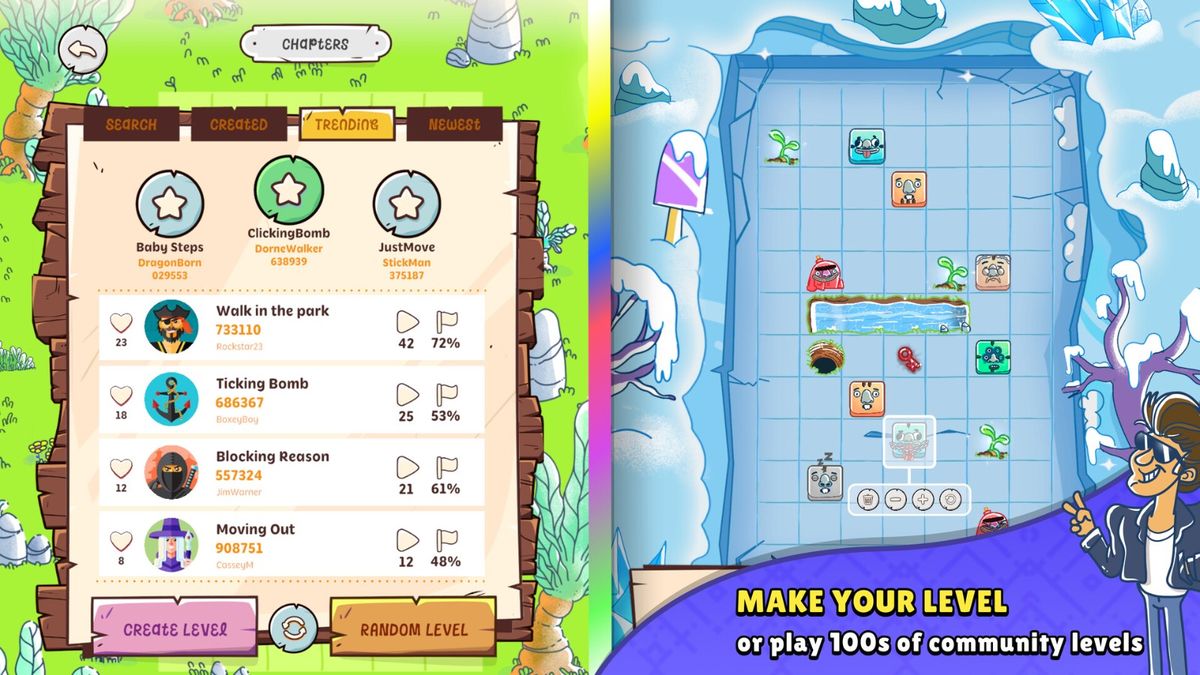 外星主题关卡，紫色星球背景下漂浮着发光方块，小狗戴着宇航头盔跳跃在拼图平台上