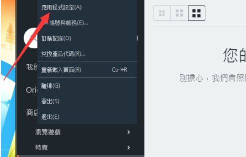 Origin设置菜单中‘应用程式设定’选项被高亮显示的界面截图