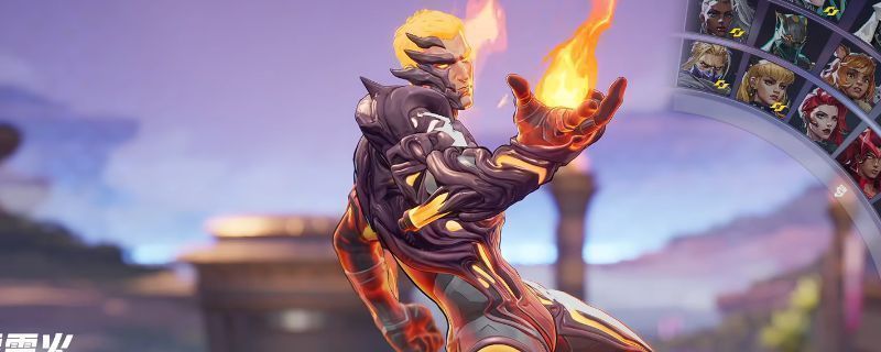 《漫威争锋》中霹雳火释放火焰技能轰击高台敌人的战斗画面，火光四溅，视觉效果震撼