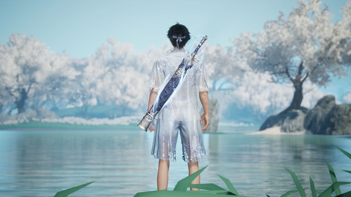 「引沧浪」重剑展示图，剑身泛起由尖至柄的蓝色涟漪特效，整体造型厚重而富有光泽