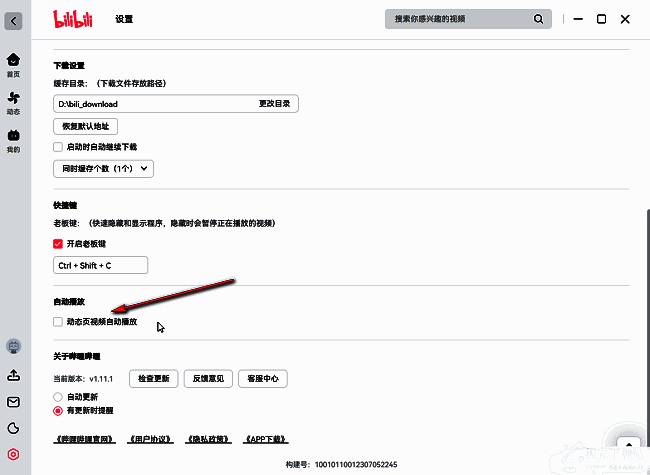 哔哩哔哩设置页面中自动播放选项的详细截图，重点标注动态页视频自动播放的开关状态
