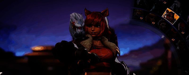 《漫威争锋》中松鼠女角色立绘展示，身穿红色战斗服，手持双刃，眼神锐利，背景为城市夜景与闪电特效