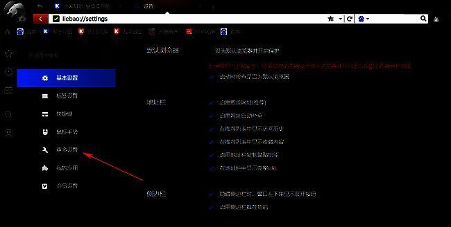猎豹浏览器设置界面左侧‘更多设置’选项高亮显示