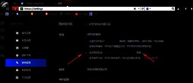 猎豹浏览器缓存目录设置区域，显示‘更改’按钮可点击状态