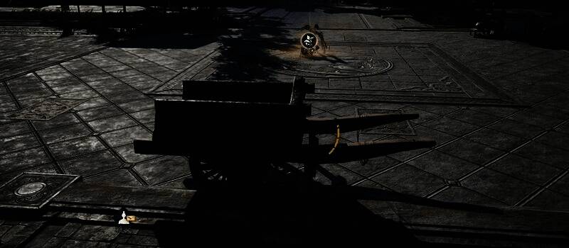 钟楼顶端一盏路灯微微发光，视角俯瞰整个大兴府城，破阵者在下方街道来回奔跑