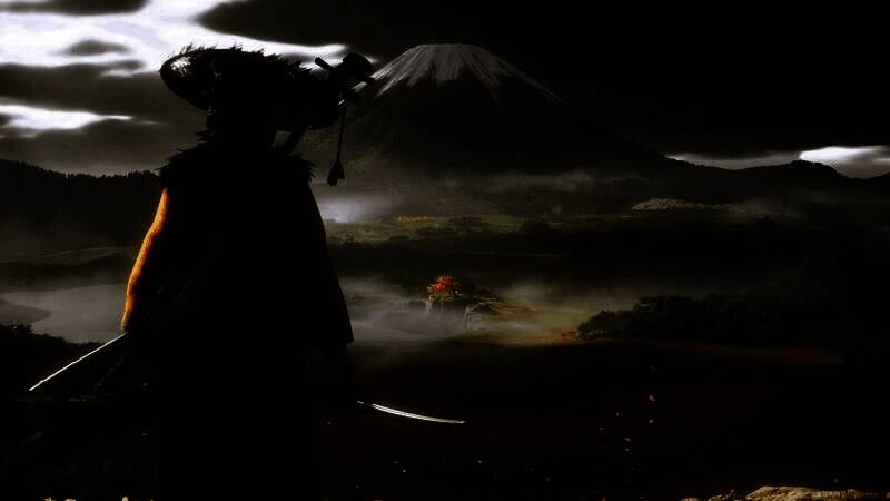 《羊蹄山之魂》游戏宣传图，展现主角身着传统服饰，手持武士刀伫立于山巅，背景为夕阳下的日本古风山岳景观