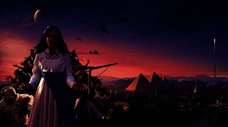 Amplitude Studios工作室标志与旗下游戏《无尽地牢》封面拼贴图，背景为巴黎城市剪影