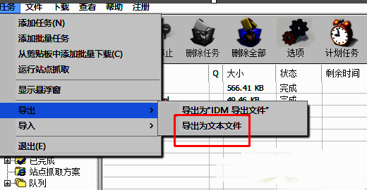 IDM导出格式选择界面，显示可选的文本文件、CSV和IDM格式选项