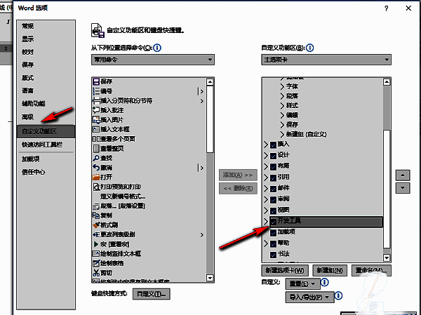 自定义功能区设置界面，开发工具复选框已被勾选