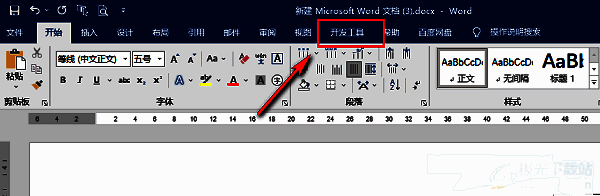 Word顶部工具栏已显示‘开发工具’标签页，功能区完整呈现