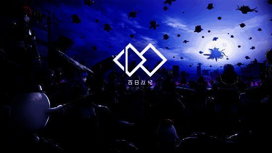 《百日战纪-最终防卫学园-》角色群像图，学生们身穿制服，神情凝重站在废墟前