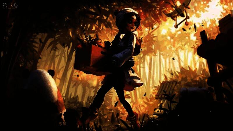 玩具商-认知启迪师时装展示，身穿绿色工装与熊猫帽子，手持竹制玩具，背景为熊猫乐园场景