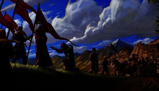 《力智之王》游戏主视觉图，展现宏伟中世纪城堡与骑马君主的剪影，背景战火弥漫，氛围庄严而紧张