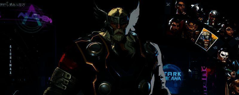 雷神索尔在战场上挥舞雷神之锤，释放技能时电光四射，周围敌人被击退