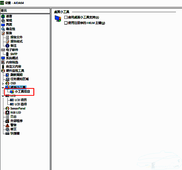 AIDA64设置界面左侧，桌面小工具和小工具项目被高亮显示