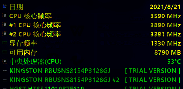 电脑桌面上显示着AIDA64的透明监控面板，包含CPU、内存、温度等实时数据