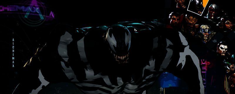 《漫威争锋》中毒液角色立绘，黑色共生体覆盖全身，双眼泛白，姿态极具压迫感，背景为城市夜景