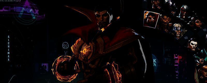 《漫威争锋》中奇异博士释放阿戈摩托之眼技能的战斗画面，蓝色能量光束贯穿战场，角色周围环绕着神秘魔法阵