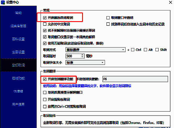鼠标取词设置页面右侧，两个核心功能复选框已被勾选的界面状态展示