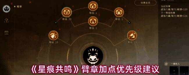 《星痕共鸣》臂章系统界面展示，上方为六个可升级词条，下方为核心词条区域