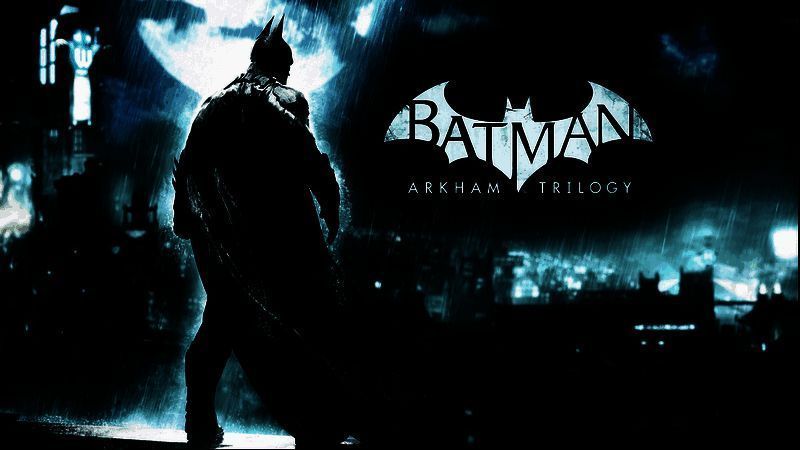 玩家佩戴VR设备体验《阿卡姆之影》的场景，画面中可见蝙蝠侠在哥谭市穿梭战斗