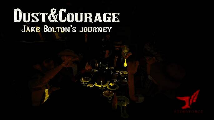 游戏主视觉图，主角杰克·博尔顿身披斗篷站在荒漠小镇前，背景是落日与风沙，充满西部苍凉氛围