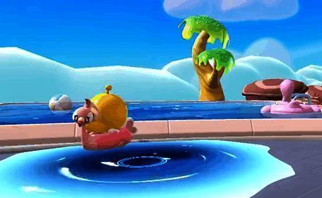 甜甜雀个性动作展示，变成粉色游泳圈漂浮在水面，旁边有小蛋仔开心地趴在上面