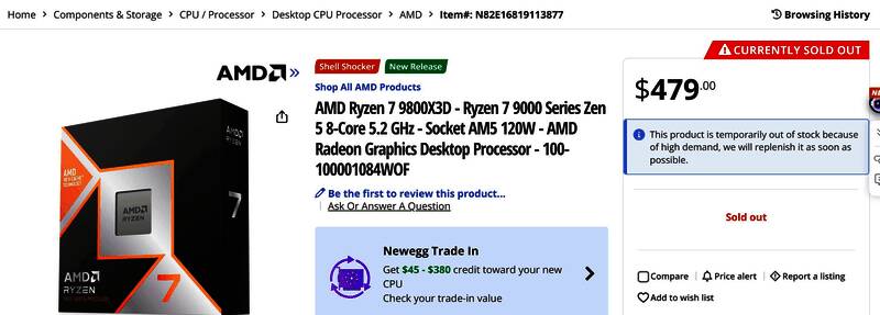 电商平台页面截图显示锐龙7 9800X3D库存为‘无货’，页面标注‘暂时售罄’提示