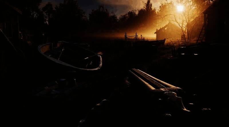 《潜行者2》实机预告截图，展示主角手持改装步枪在废墟中瞄准，周围环境破败，光影效果逼真