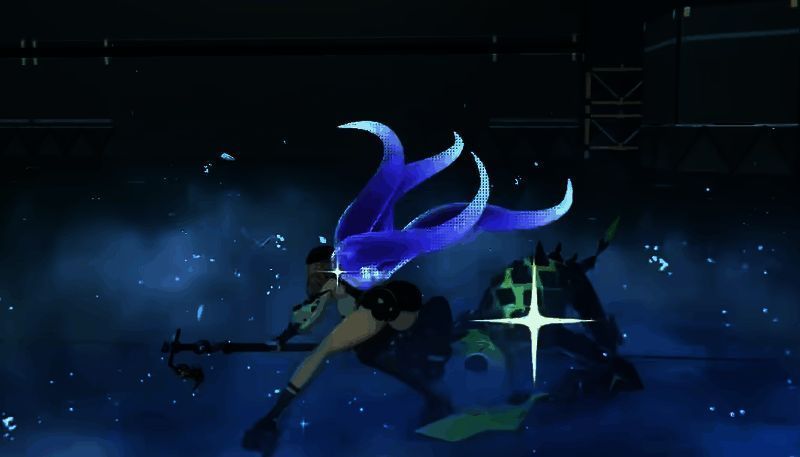 伊德海莉血条处于低位，身上浮现红色裂纹特效，攻击力数值飙升，周围敌人被冰刺贯穿