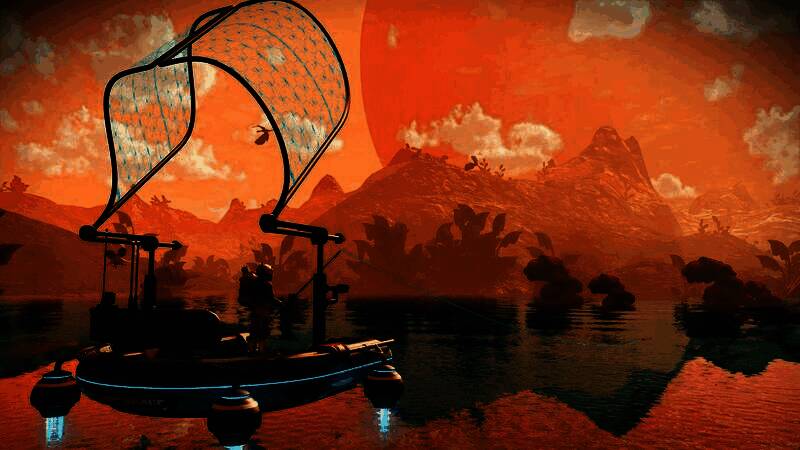 《无人深空》在PS5 Pro上运行的画面截图，展示星球表面细节丰富、光影逼真的宇宙探索场景