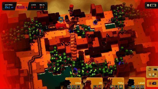 四名不同角色的小动物在夜晚的雪山地形中协力铺设铁轨，远处火车灯光照亮前方轨道，氛围温馨而紧张