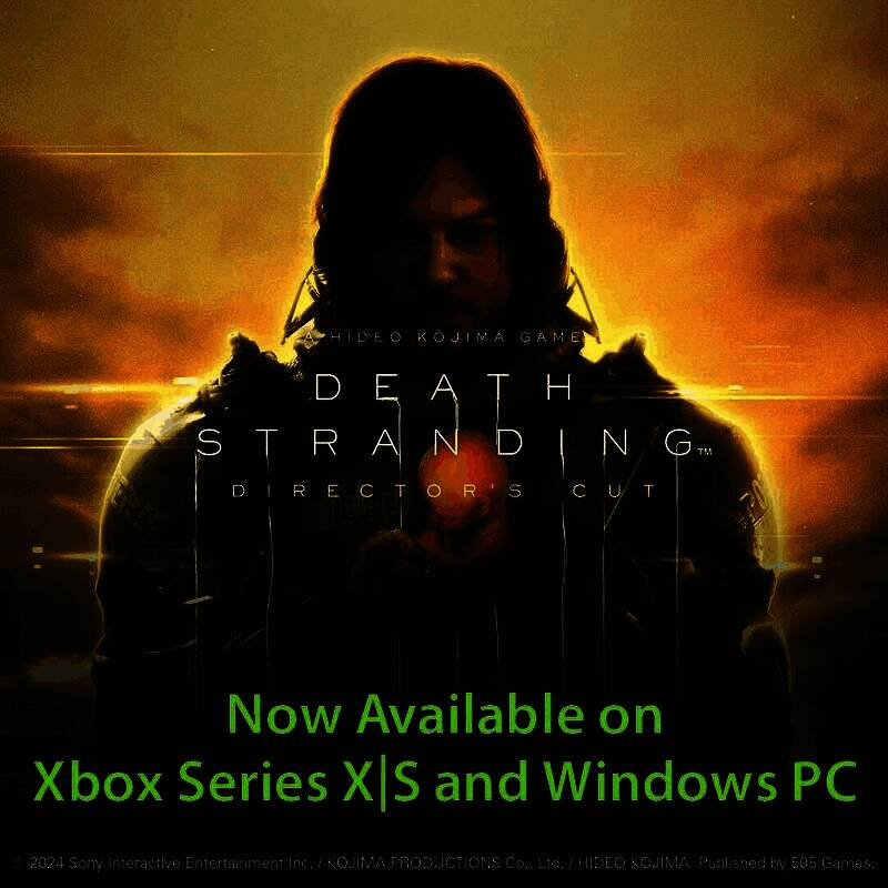 《死亡搁浅：导演剪辑版》Xbox版宣传图，主角山姆背负物资穿越荒芜大地，背景为悬浮的神秘生物与破碎的城市废墟