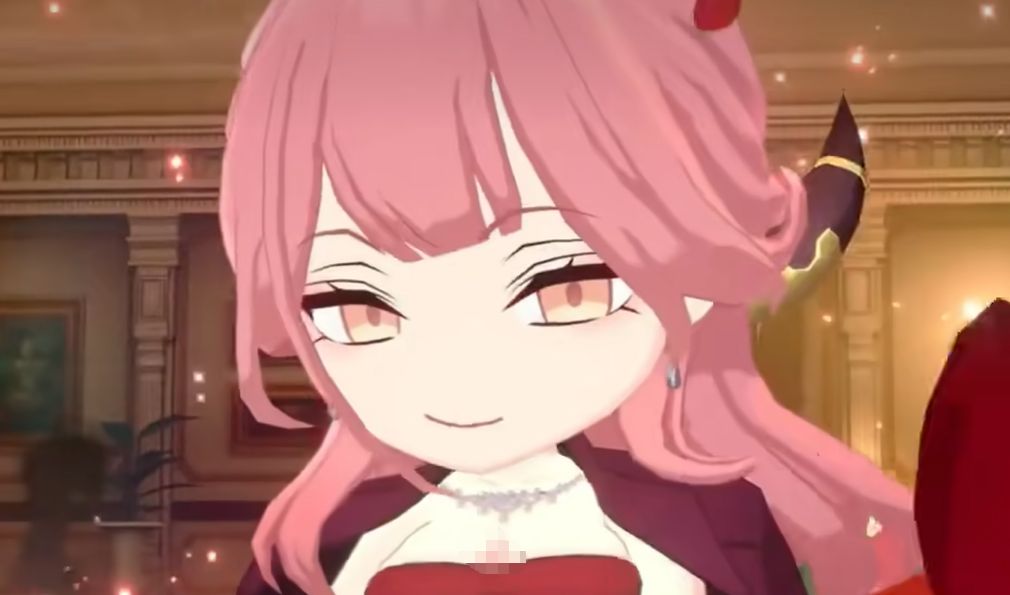 礼服爱露全身立绘展示，身着深色镶金边礼服战甲，手持能量盾牌与近战武器，眼神坚定