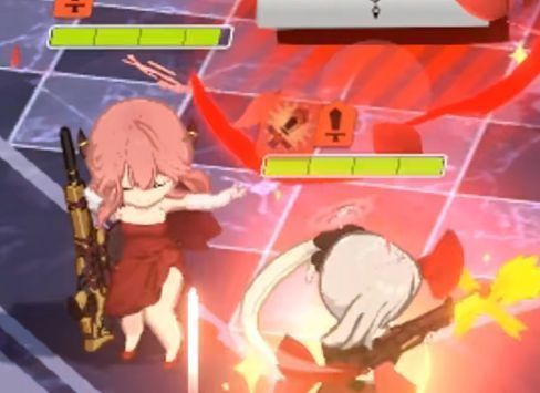 战斗场景截图，礼服爱露站在前排吸引火力，身后队友在增益状态下集中输出