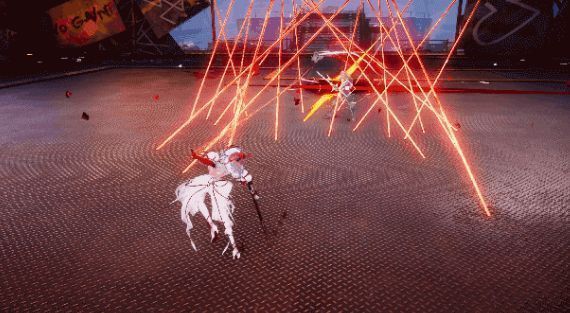 海伦在空中闪避后落地，机械熊从天而降形成蹦床，敌人被弹向空中，场景充满动态战斗张力