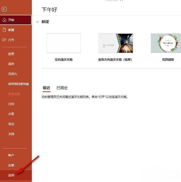 ‘文件’页面左侧栏清晰标注‘选项’按钮位置，鼠标指针正指向该选项