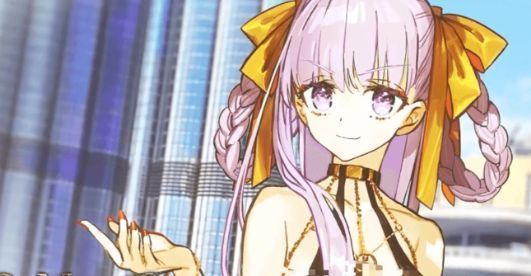 迪拜BB释放宝具动画截图，金色光芒席卷战场，队友角色被光环包围，显示增益状态