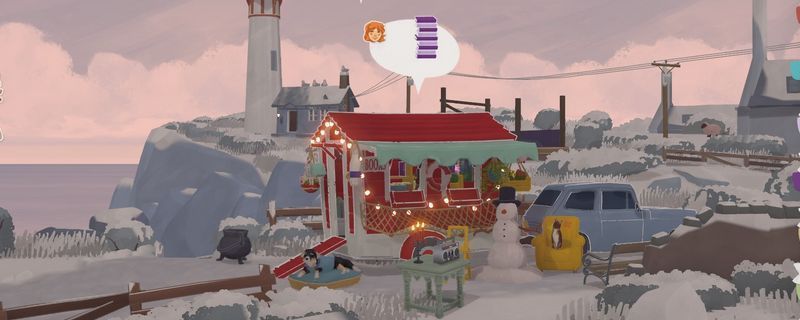 《小小书店》中NPC蒂尔德在咖啡馆外与主角互动的温馨场景，背景为暖色调街道，充满生活气息