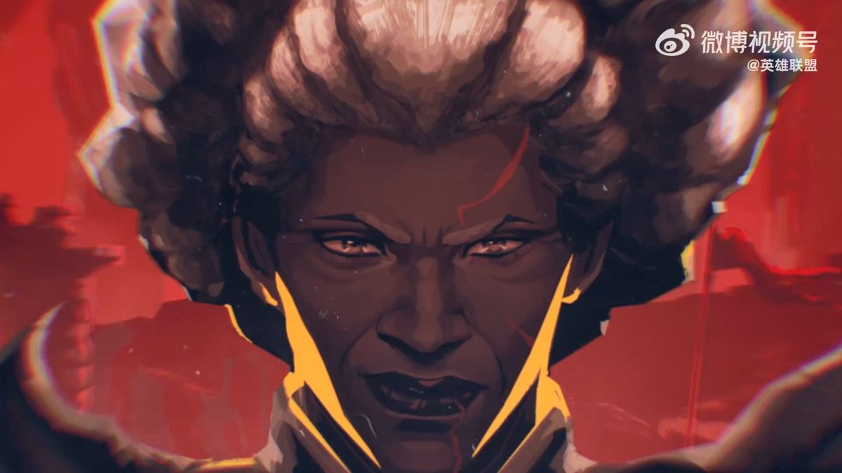 安蓓萨身披战甲站立于高台之上，背后是诺克萨斯军旗与燃烧的城市