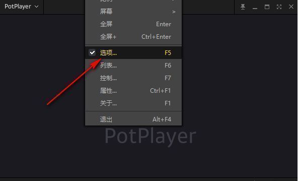 PotPlayer主界面，右键菜单展开，显示“选项”按钮被选中