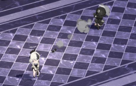 必杀技动画截图，佳代子从阴影跃出，枪口火光闪烁，敌人被巨大伤害数字击中，背景呈现暗红冲击波特效