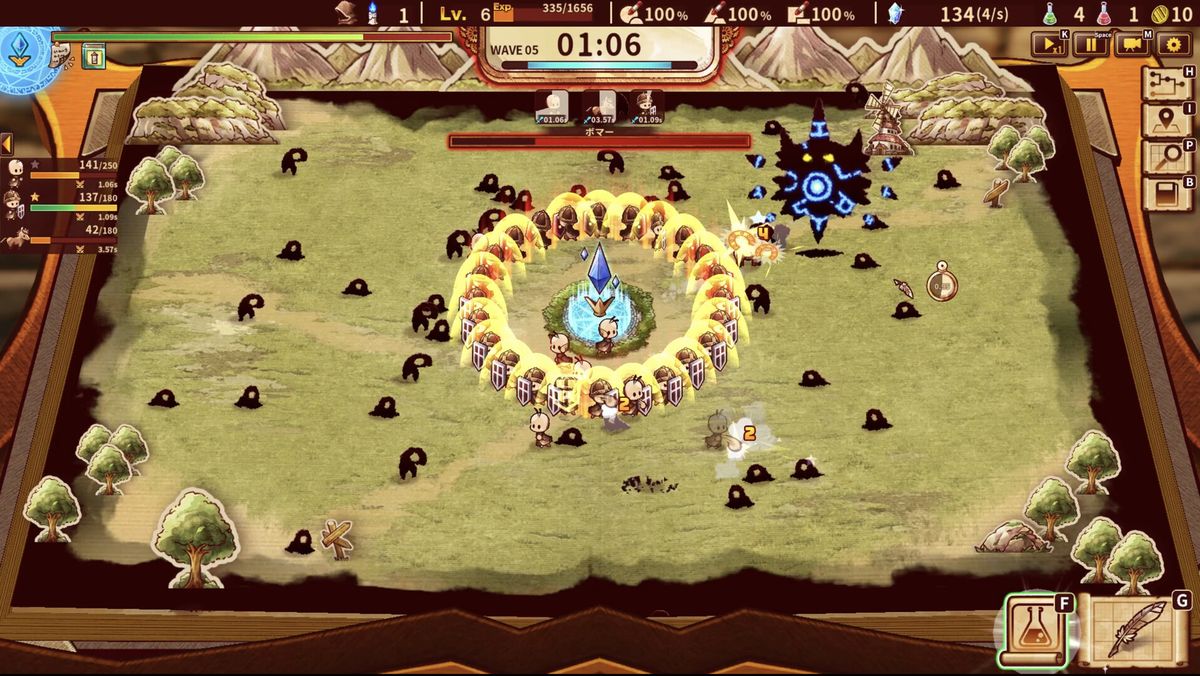 游戏战斗场景，成群小英雄冲向大门，对抗外形扭曲的黑暗敌人