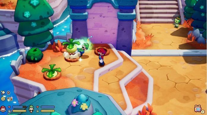 路易吉在游戏中独自面对巨型敌人，神情坚定，背景为崩塌的石柱与闪电特效，凸显紧张战斗氛围