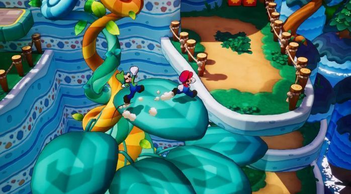 游戏内探索场景，兄弟二人行走在浮空岛屿之间，周围环绕飞鸟与光点，展现开放世界的奇幻美感