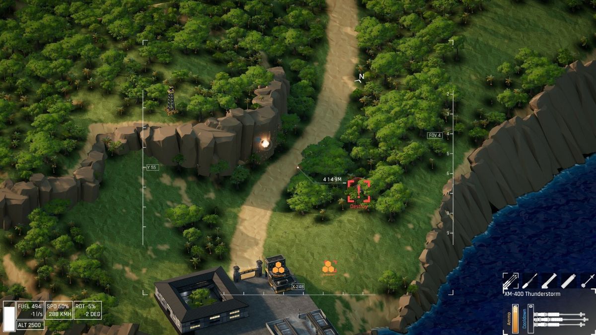 空中炮艇发射导弹瞬间，火焰喷涌，背景为被摧毁的敌方基地