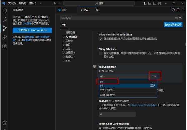 Vscode设置中Tab Completion选项被设置为on的状态截图