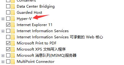 Windows功能窗口中Hyper-V选项被取消勾选的设置界面